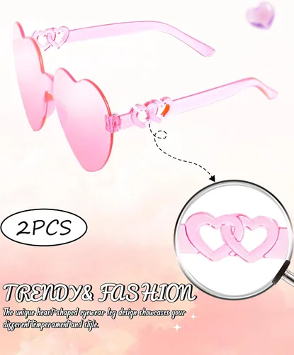 Vista 3 de Lentes de sol con forma de corazón para mujer, lentes de sol con forma de corazón y pierna sin montura para despedida de soltera, regalos de boda