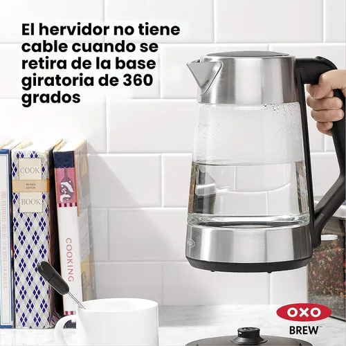 Vista 4 de OXO Hervidor eléctrico de vidrio, inalámbrico, de acero inoxidable