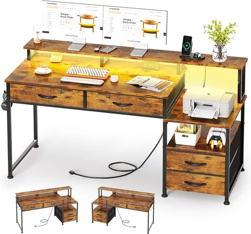 Vista 8 de MUTUN Escritorio para computadora de 53 pulgadas con 4 cajones y tomas de corriente, escritorio reversible de oficina en casa con soporte