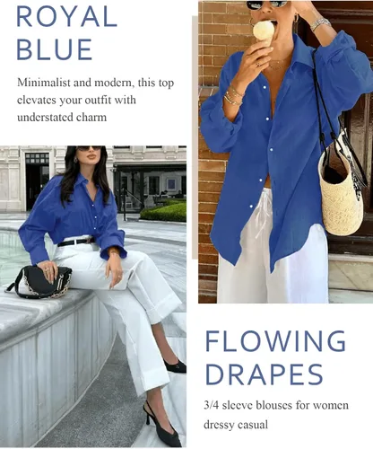 Vista 14 de Odosalii - Camisas con botones para mujer, con cuello en V, manga larga, enrolladas, blusas elegantes y formales para negocios y ocasiones casuales