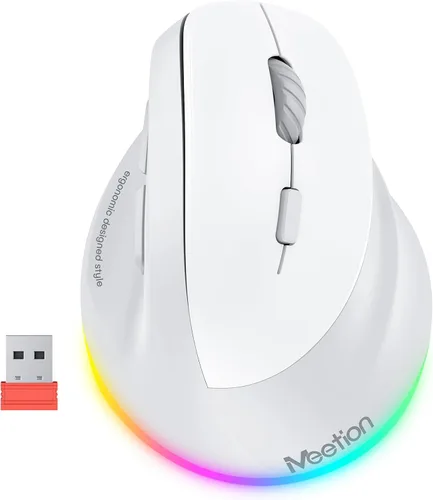 Vista 13 de MEETION Ratón ergonómico para zurdos, ratón inalámbrico vertical RGB recargable, Bluetooth (5.2 + 3.0) y USB-A con adaptador USB-C, 4 DPI