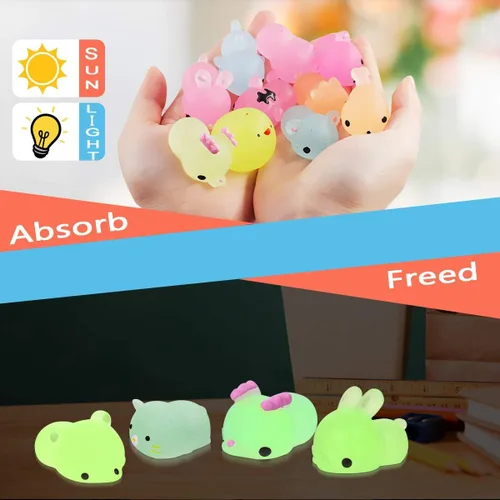 Vista 4 de POKONBOY Juguetes esponjosos Mochi que brillan en la oscuridad para recuerdos de fiesta, paquete de 30 mini Kawaii lindos animales esponjosos