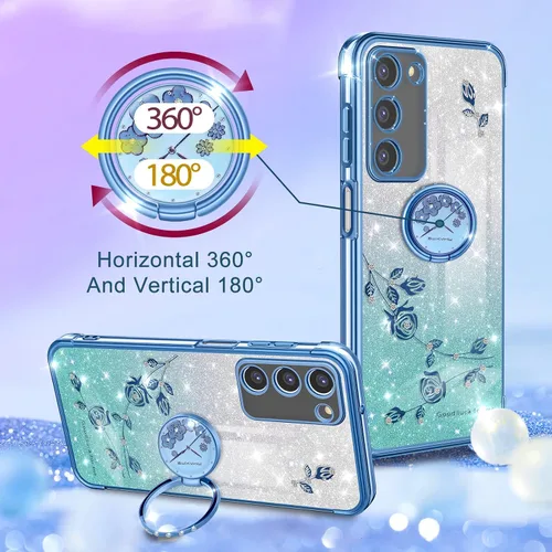 Vista 3 de Funda 3 en 1 para teléfono Samsung Galaxy A03S con purpurina brillante para mujeres y niñas, cubierta brillante con bonito diseño floral de flores