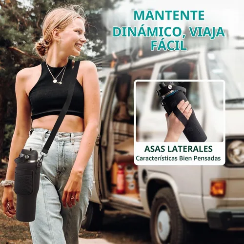 Vista 4 de Botella de agua de acero inoxidable de 32 onzas, frío-48 horas y caliente-24 horas, termo con popote y tapas de boquilla, bolsa, botella aislada al