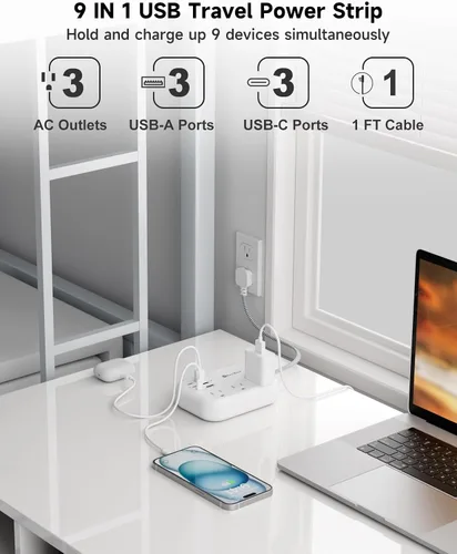 Vista 3 de Beeiker Cable de Extensión Corto de 1 Pie - Tira de Alimentación de 6 USB (3 USB C) para Viajes con Estación de Carga USB de 24W y 3 Tomas, Cable
