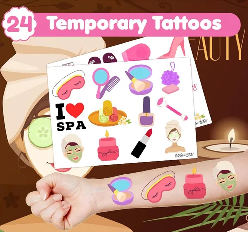 Vista 3 de 36 recuerdos de fiesta de spa, 24 tatuajes temporales y 12 sellos, ideal para fiestas de pijamas, decoración de tarjetas de cumpleaños, suministros