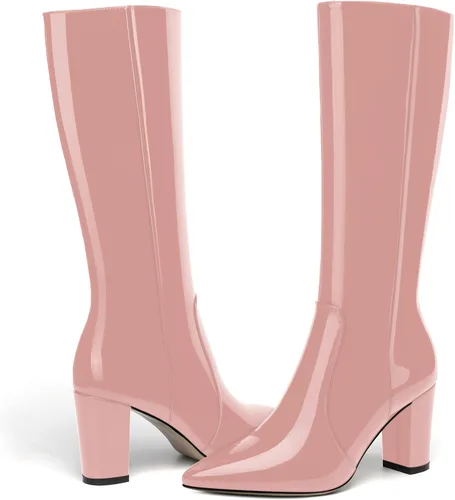 Vista 27 de AMBELIGHT Botas altas hasta la rodilla con cremallera y puntera puntiaguda para mujer, de patente sólida, tacón alto, 3.3 pulgadas