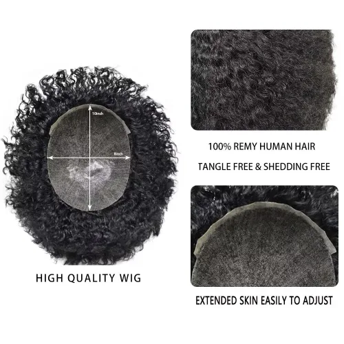 Vista 4 de Afro Toupee para hombres negros, rizado afro ondulado, postizo masculino, piel fina, PU negro, para hombre, tupé, reemplazo de cabello humano
