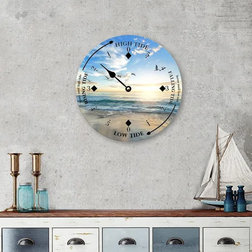 Vista 4 de Reloj de marea de madera, playa, pájaros, costa este, océano, reloj de marea de madera con marea alta y baja, reloj vintage de movimiento de marea