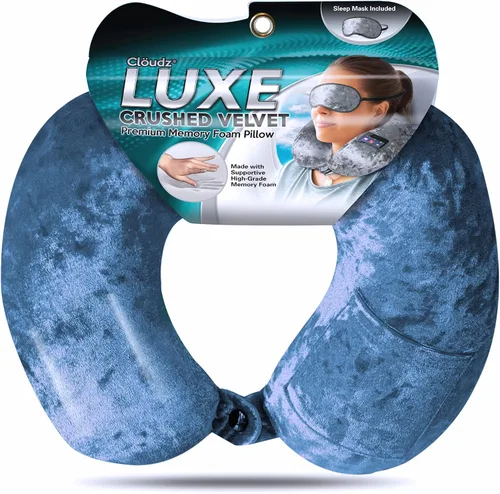 Vista 2 de Cloudz Luxe Crushed Velvet Ultra Premium Comforlite Almohada de cuello de viaje en avión con máscara de dormir lujosamente suave a juego, azul acero