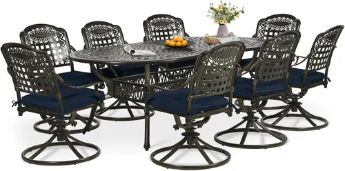 Vista 14 de Juego de comedor de patio de 9 piezas, mesa y sillas de patio al aire libre, mesa de comedor ovalada de aluminio fundido de 84 pulgadas con agujero