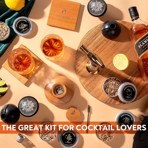 Vista 5 de Kit de ahumador de cóctel antiguo para whisky, bourbon y bebidas con ahumador de cereza, sabores de virutas de madera natural, antorcha culinaria