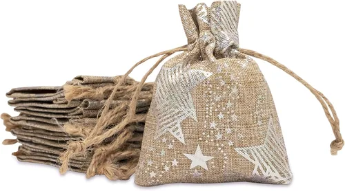 Vista 18 de 48 paquetes de 3x4 bolsas de regalo reutilizables de yute y arpillera con cordones (Feliz Navidad, X-Pequeño) - para regalos, favores de fiesta