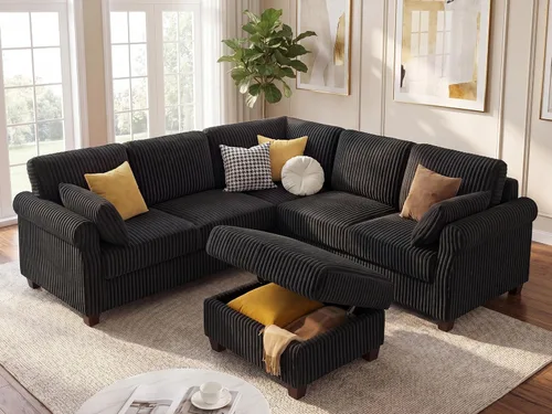 Vista 11 de Sofá modular modular en forma de V de 90.6 pulgadas con otomana de almacenamiento, sofá esquinero de pana de 6 asientos con asiento profundo