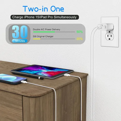 Vista 2 de Cargador A/C de doble puerto para iPhone 17 16 15, doble cargador USB A/C, bloque de carga rápida, paquete de 2 cargadores USB C rápidos de carga