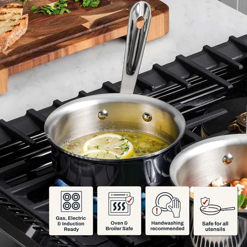 Vista 8 de All-Clad D3 Cacerola de Acero Inoxidable de 3 Capas 1 Cuarto Inducción Horno Gratinador Seguro 600F Ollas y Sartenes, Utensilios de Cocina Plateado