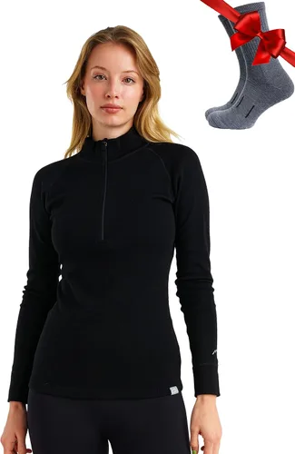 Vista 15 de Suéter 100% de lana merino con cremallera para mujer, capa base térmica con . 250 negro