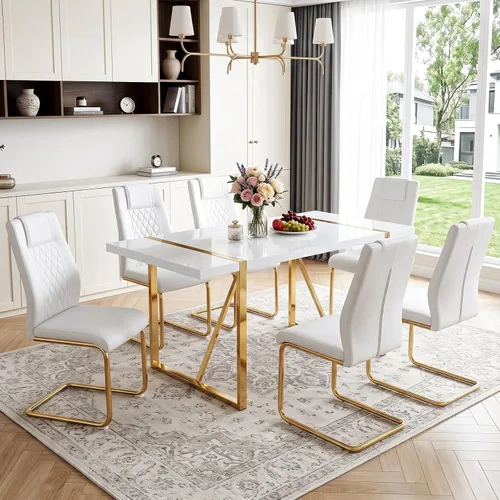 Vista 24 de Juego de mesa de comedor moderna de 55 pulgadas para 4, mesa de comedor negra y marco de metal dorado, mesa de comedor rectangular con 4 sillas