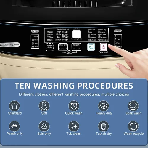 Vista 3 de Lavadora completamente automática con pantalla LED, 10 programas y 8 selecciones de niveles de agua, lavadora de lavandería compacta portátil