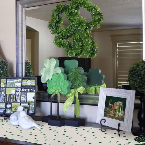 Vista 4 de Z&L Home Camino de mesa del día de San Patricio, bufandas, trébol verde trébol para cocina, decoración de mesa de comedor, decoración irlandesa