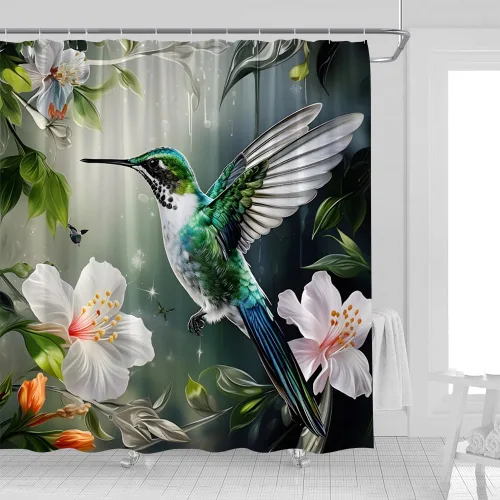 Vista 2 de Cortina de ducha de flores de colibrí, acuarela, hojas verdes, pájaros, jardín, naturaleza, paisaje, cortinas de decoración de baño con ganchos, 35