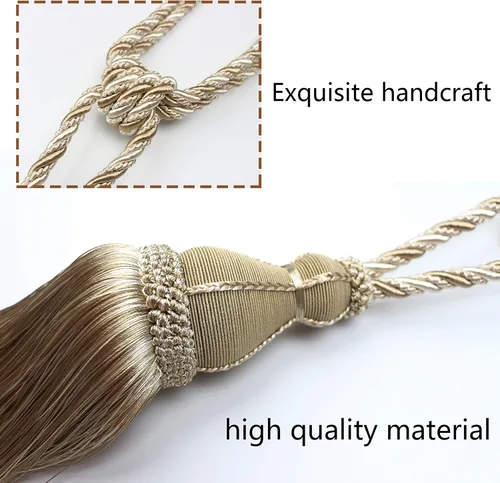 Vista 4 de BEL AVENIR Paquete de 2 alzapaños de cortina con borlas, grandes hechos a mano, cuerda para el hogar, oficina, hotel, elegante decorativo (beige)