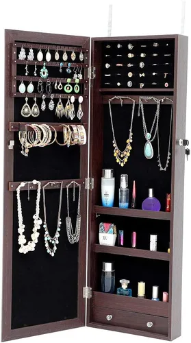 Vista 3 de ZeHuoGe Espejo con almacenamiento de joyas y luces LED, armarios de joyería para montaje en paredpuerta con cerradura con cerradura organizador