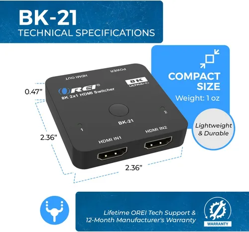 Vista 6 de OREI Interruptor HDMI 2.1 de 2 puertos 8K, 8K a 60Hz, 4K a 120Hz Negro azabache