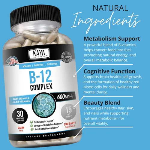 Vista 5 de Kaya Naturals Complejo B-12 Suplemento multivitamínico para mujeres y hombres potenciador de energía y metabolismo Vitamina del complejo B