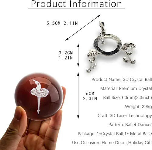 Vista 6 de HDCRYSTALGIFTS Figura de Bailarina Elegante de Cristal Grabada con Láser 3D, Peso de Papel de Bailarina Danzante, Esfera de Vidrio para Decoración