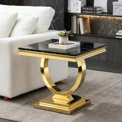 Vista 13 de Mesa de centro de mármol negro Henf de lujo, mesa auxiliar rectangular de mármol sintético de imitación con base de acero inoxidable dorado