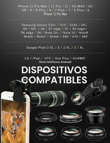 Vista 8 de Kit de lentes de cámara para teléfono celular, 11 en 1, teleobjetivo universal 20x, 0.63 gran angular, 15X macro, 198° ojo de pez, 2X telefoto