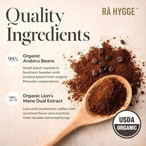 Vista 9 de Rå Hygge Organic Ground Lion’s Mane Mushroom Coffee - Medium Roast, 8 oz (16 Cups) - Focus & Cognitive Boost Coffee, Low-Acid & Jitter-Free