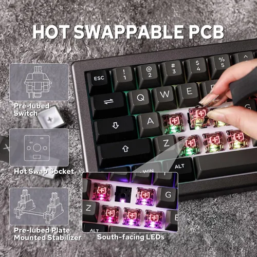 Vista 4 de EPOMAKER EK68 Teclado inalámbrico 65% para juegos con perilla de metal, teclado mecánico con junta intercambiable en caliente, Bluetooth