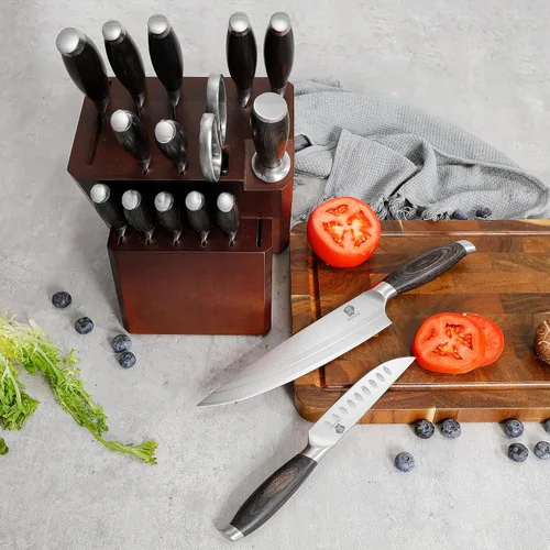 Vista 6 de WILDMOK Juego de bloque de cuchillos de cocina, juego de 17 piezas con bloque de madera, juegos de cuchillos de cocina de acero alemán con picador