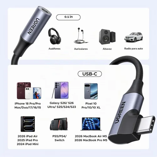 Vista 8 de UGREEN Adaptador de audio USB C en ángulo recto a conector auxiliar