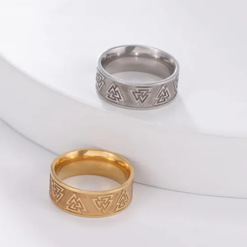 Vista 5 de Valknut - Anillos vikingos para hombres, anillos de runa nórdica, círculos de acero inoxidable, triquetra, nórdico, valknut vikingo, símbolo
