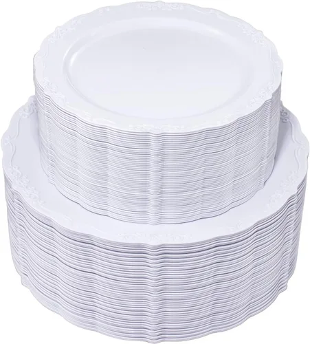 Vista 17 de U-QE 100 platos de plástico ámbar – Platos de plástico marrón transparente desechables resistentes – platos desechables para fiestas, incluyendo 50