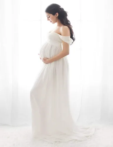 Vista 4 de JustVH Vestidos de maternidad para sesión de fotos hombros descubiertos vestido de encaje de gasa vestido largo con abertura frontal vestidos