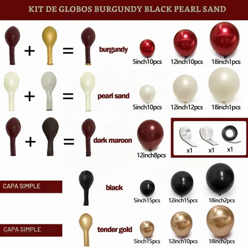 Vista 4 de Kit de arco de globos color burdeos y negro, doble relleno, color granate, rojo oscuro, perla, blanco, arena, dorado, guirnalda de globos