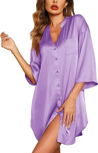 Vista 6 de Ekouaer Camisones de satén para mujer, ropa de dormir de seda con botones, manga 3/4, cuello en V, con bolsillos 01 Negro