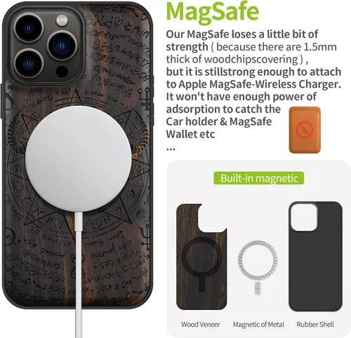 Vista 5 de Carveit Funda magnética de madera para iPhone 13 Pro Max [madera natural y TPU suave negro] Funda protectora de madera única y elegante a prueba