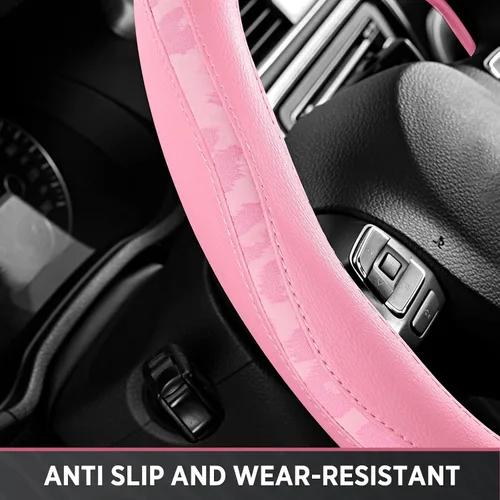 Vista 8 de Road Comforts Funda para volante, cubierta de volante de parte inferior plana hecha con piel de PVC y tela de leopardo, ajuste universal