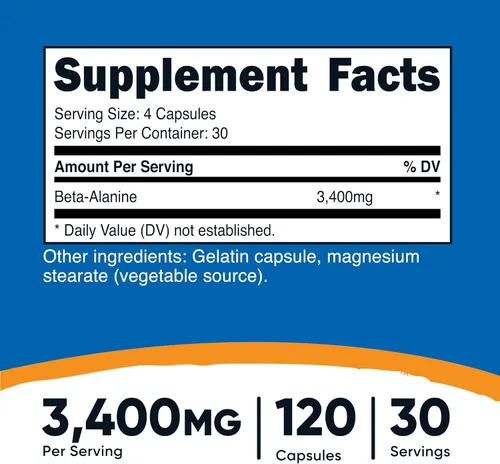Vista 2 de Nutricost Cápsulas de Beta-Alanina 3400mg, 120 Cápsulas (30 Porciones) - Beta Alanina Potente, Sin Gluten y Sin OGM, 850mg Por Cápsula