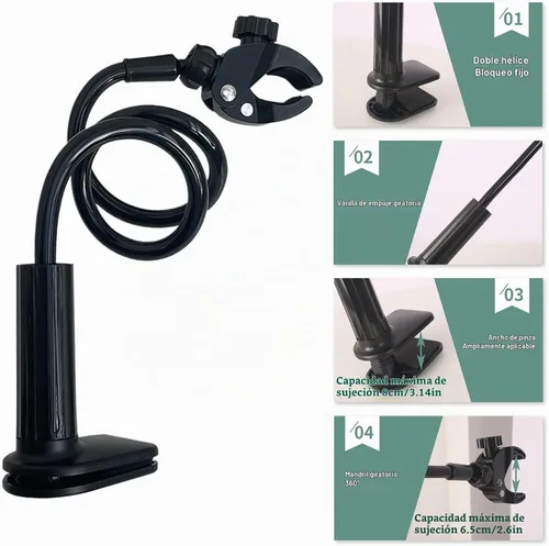 Vista 2 de Soporte para secador de pelo para perros, secadora de pelo ajustable de aleación negra, soporte manos libres con abrazadera giratoria de 360°