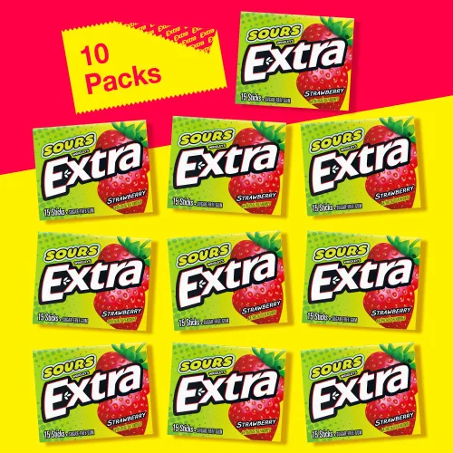 Vista 6 de Extra Sours - Goma de mascar de fresa y fruta sin azúcar, paquete de 10