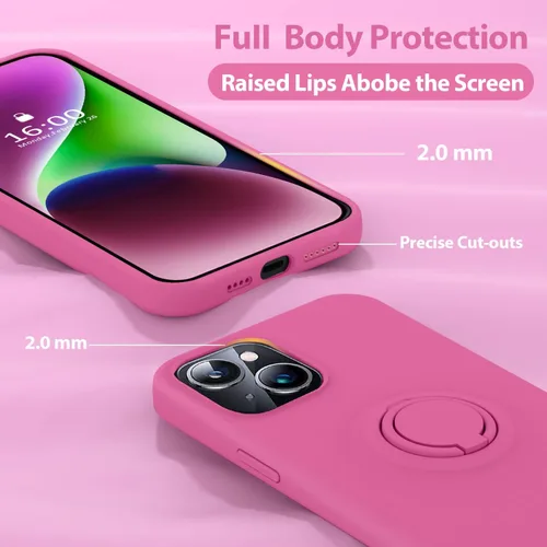 Vista 5 de MOCCA Compatible con funda para iPhone 14 Plus con soporte de anillo Forro de microfibra súper suave Funda protectora de silicona líquida