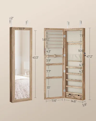 Vista 6 de SONGMICS Armario de joyería con espejo de 6 LED, 47.2 pulgadas de alto con cerradura para pared o puerta, organizador de joyas con espejo, 2