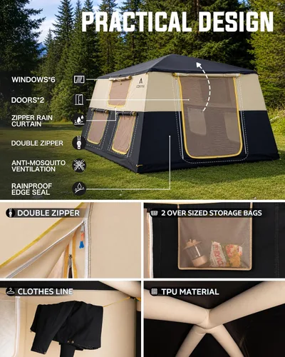 Vista 4 de CORANI Tiendas inflables de 14.1'x6.5'x9' para acampar, tienda de aire inflable portátil para 6/8/10 personas, impermeable, resistente al viento