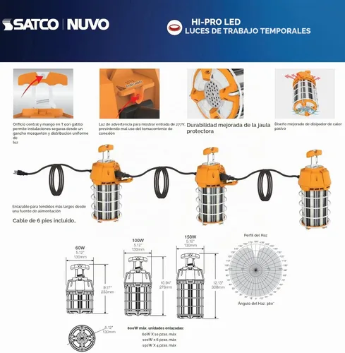 Vista 3 de Satco S38975 Hi-Pro - Luz de trabajo temporal LED de alto lumen, 5000 K, blanca, 150 vatios